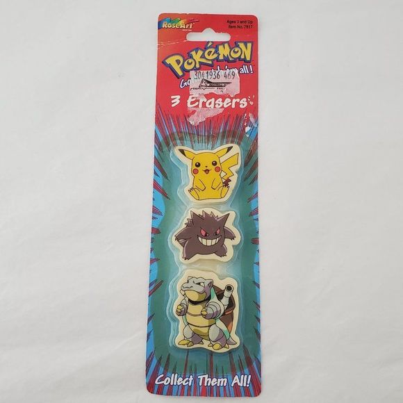 Pokemon Other - Vtg 90s NOS Sealed Rose Art Pokemon Pencil Erasers Pikachu Gengar Blastoise